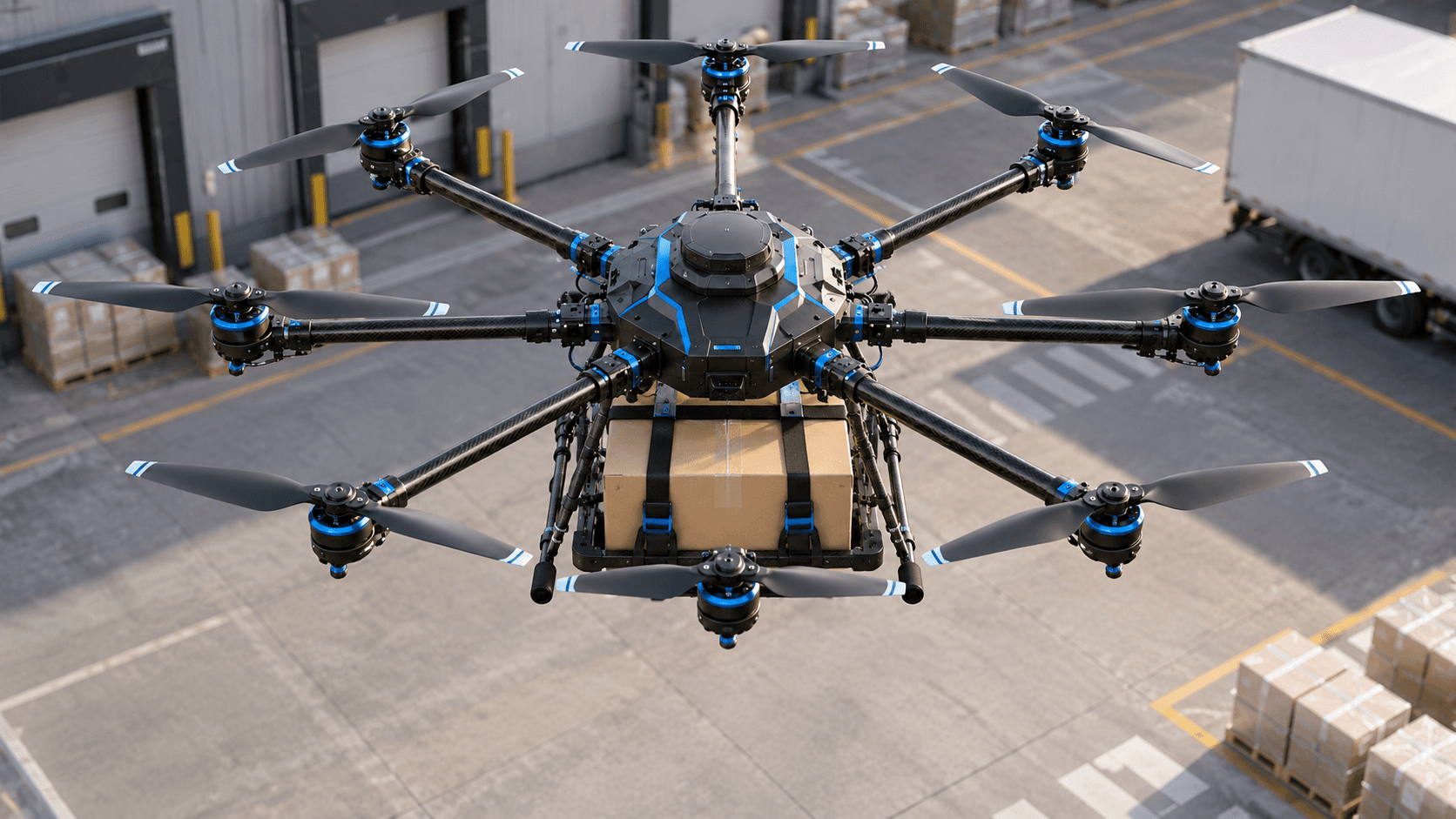 Eight-rotor courier octocopter concept carrying a secured package for delivery
